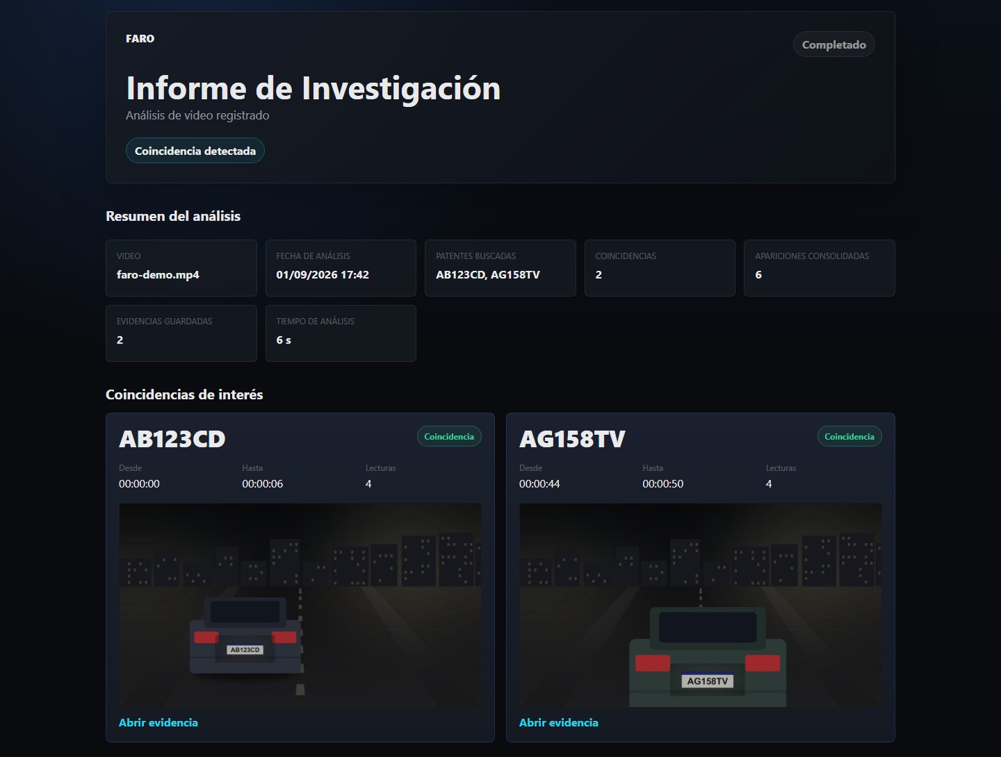 Informe de investigación generado por FARO: encabezado con el estado del análisis, resumen con video, fecha, patentes buscadas, coincidencias, apariciones consolidadas y evidencias guardadas, y las coincidencias de interés con su tramo de video y su imagen.